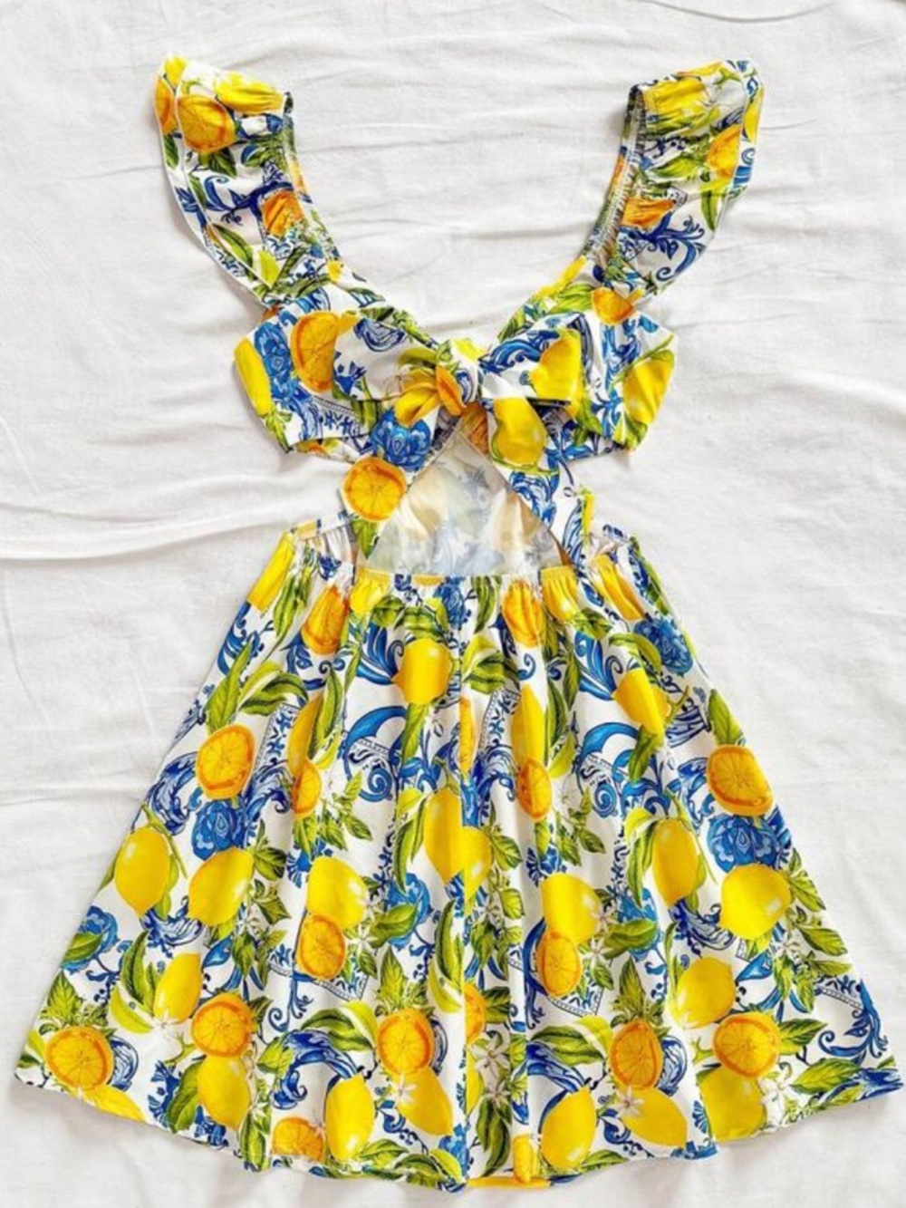 SHEIN Summer Lemon Print Cutout Sundress - White & Yellow - Picture 2 of 3